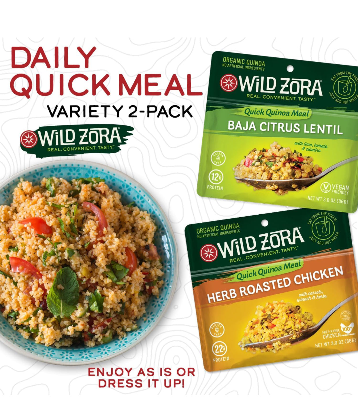 Wild Zora Instant Organic Quinoa Bowl Meals Variety Pack - Instant Tasty Bowls, Gluten-Free Meal with Lentils Plus - Pack of 5