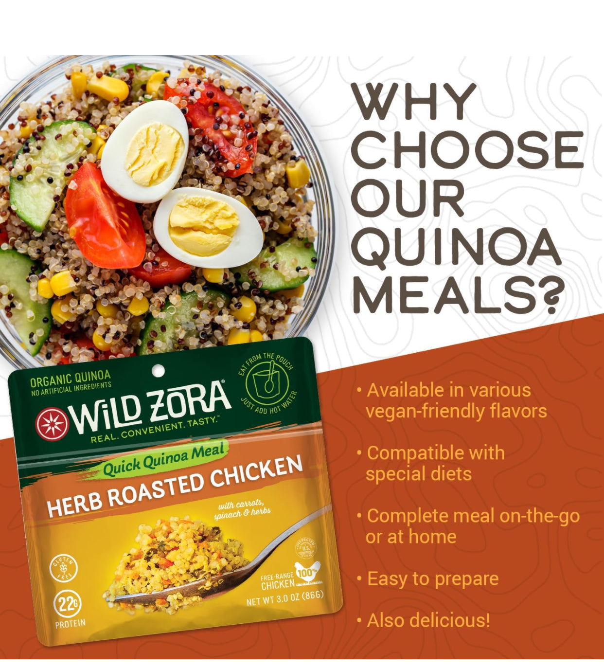 Wild Zora Instant Organic Quinoa Bowl Meals Variety Pack - Instant Tasty Bowls, Gluten-Free Meal with Lentils Plus - Pack of 5