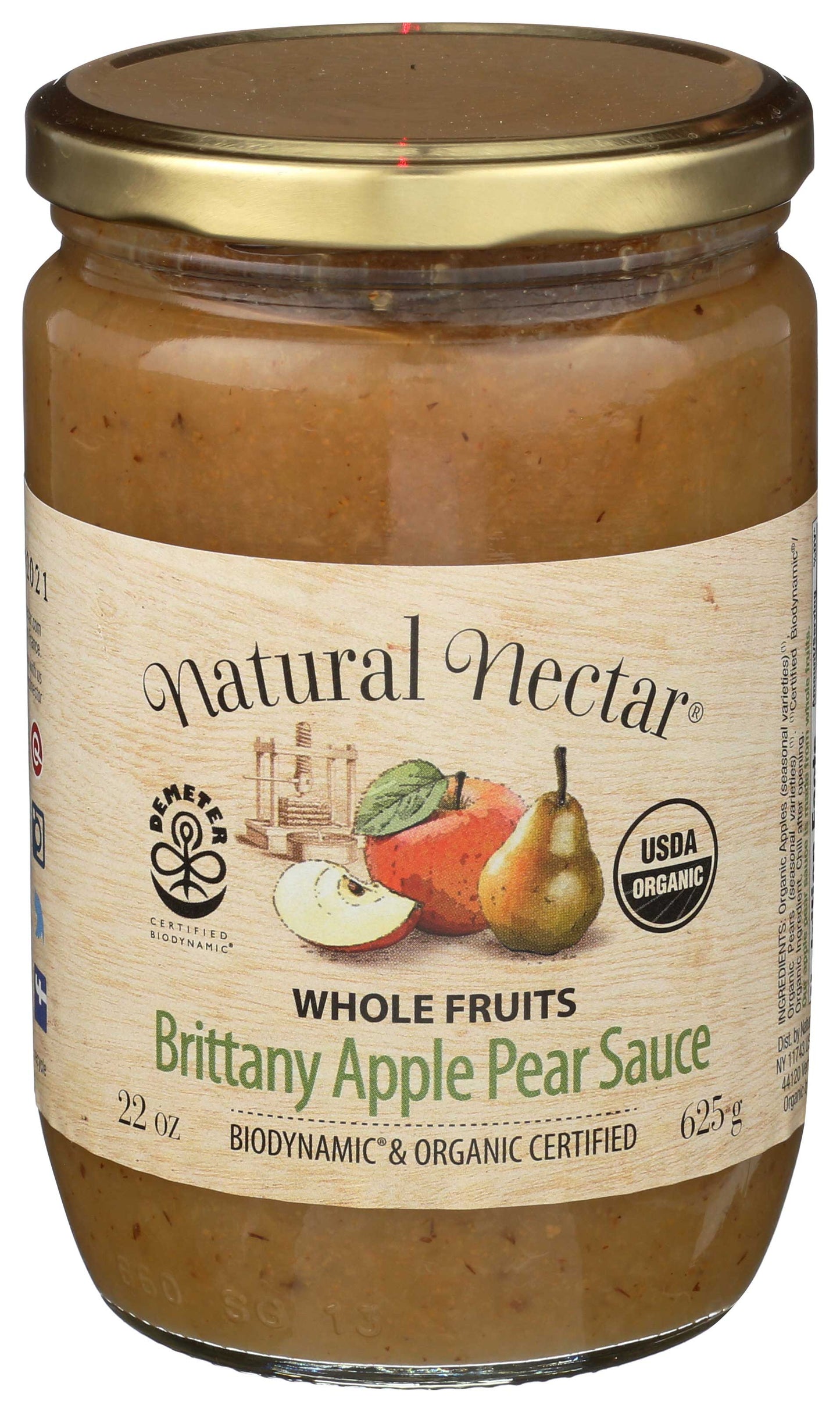 Natural Nectar Biodynamic & Organic Brittany Apple & Pear Sauce - USDA Organic Apple Sauce Certified, No Added Sugars, 22 oz - Pack of 3
