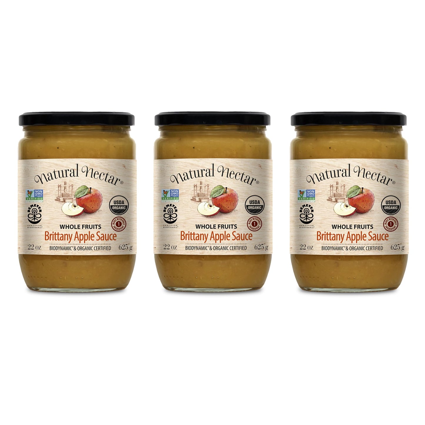 Natural Nectar Biodynamic & Organic Brittany Apple & Pear Sauce - USDA Organic Apple Sauce Certified, No Added Sugars, 22 oz - Pack of 3