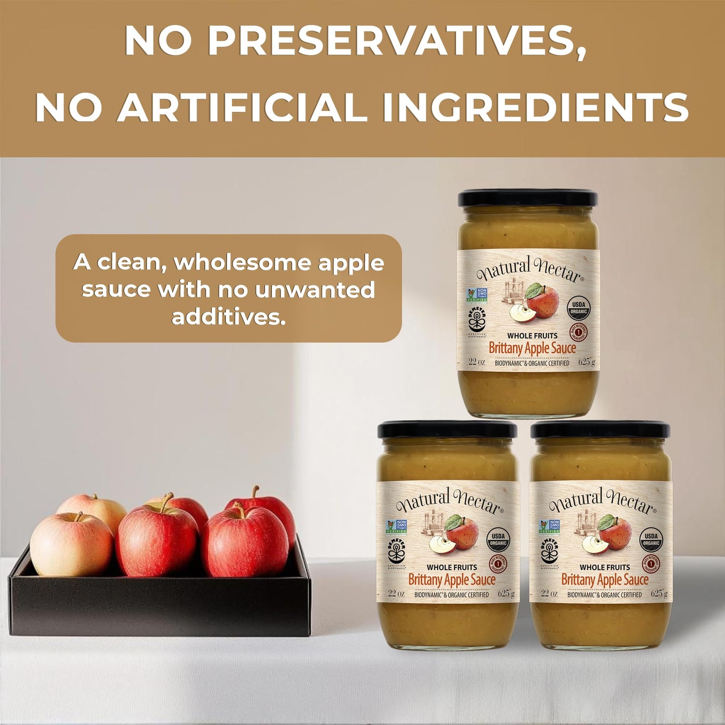 Natural Nectar Biodynamic & Organic Brittany Apple & Pear Sauce - USDA Organic Apple Sauce Certified, No Added Sugars, 22 oz - Pack of 3