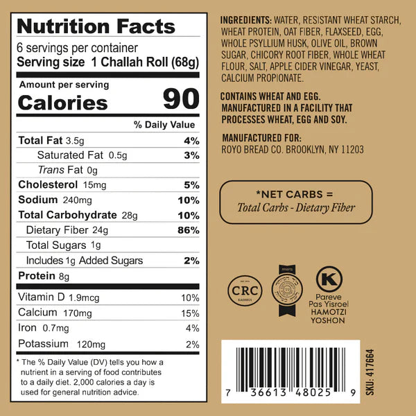 Royo Bread Co Low Carb Challah Rolls - Plain - Pack of 3