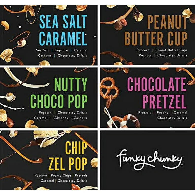 Funky Chunky Gourmet Popcorn Sampler Variety - Sea Salt Caramel, Nutty Choco Pop, Peanut Butter Cup, Chip Zel Pop, and Chocolate Pretzel - 5 oz - Pack of 5