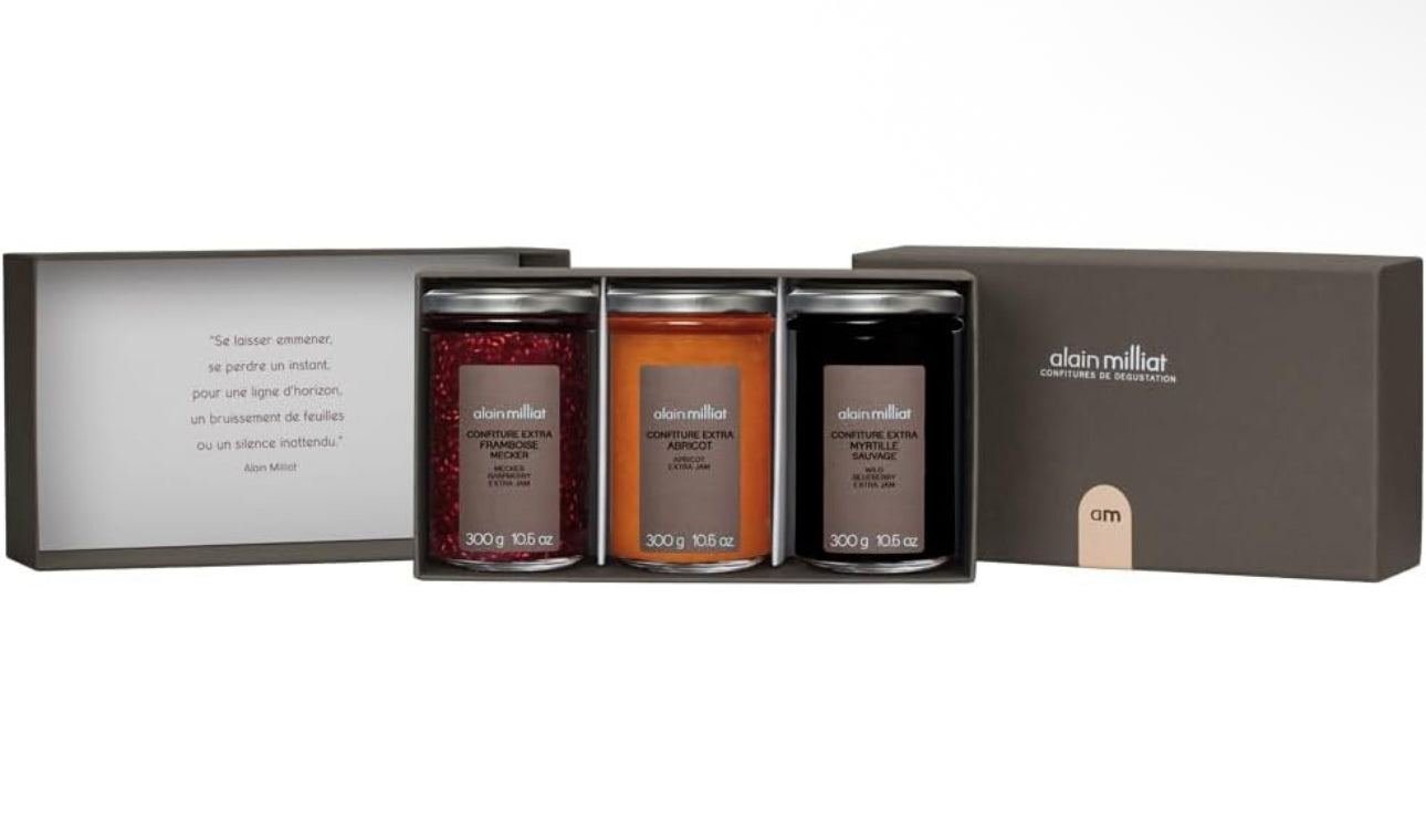 Alain Milliat “The Gourmandise" Jam Gift Box - Three 10.6 oz Jars - Raspberry/Apricot/Blueberry | Imported from France