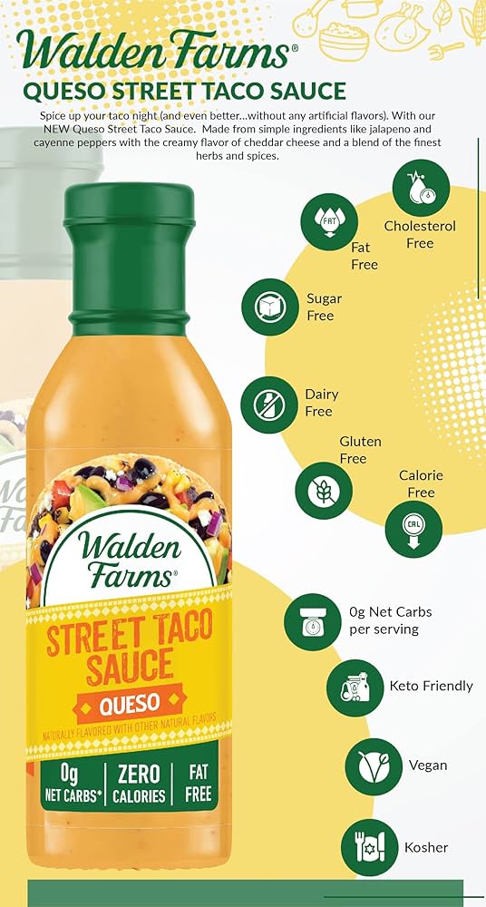 Walden Farms Street Taco Sauce Queso - Calorie-Free, Gluten-Free, Low Carb, Keto-Friendly, Sugar-Free, Creamy Queso Flavor, 12 oz each - Pack of 2
