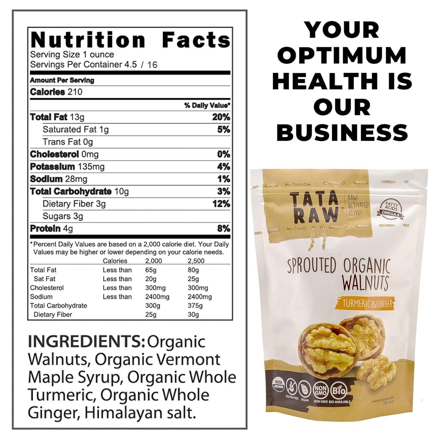 TATA RAW - Organic Sprouted Maple Walnuts - Turmeric, Ginger - 1 lb