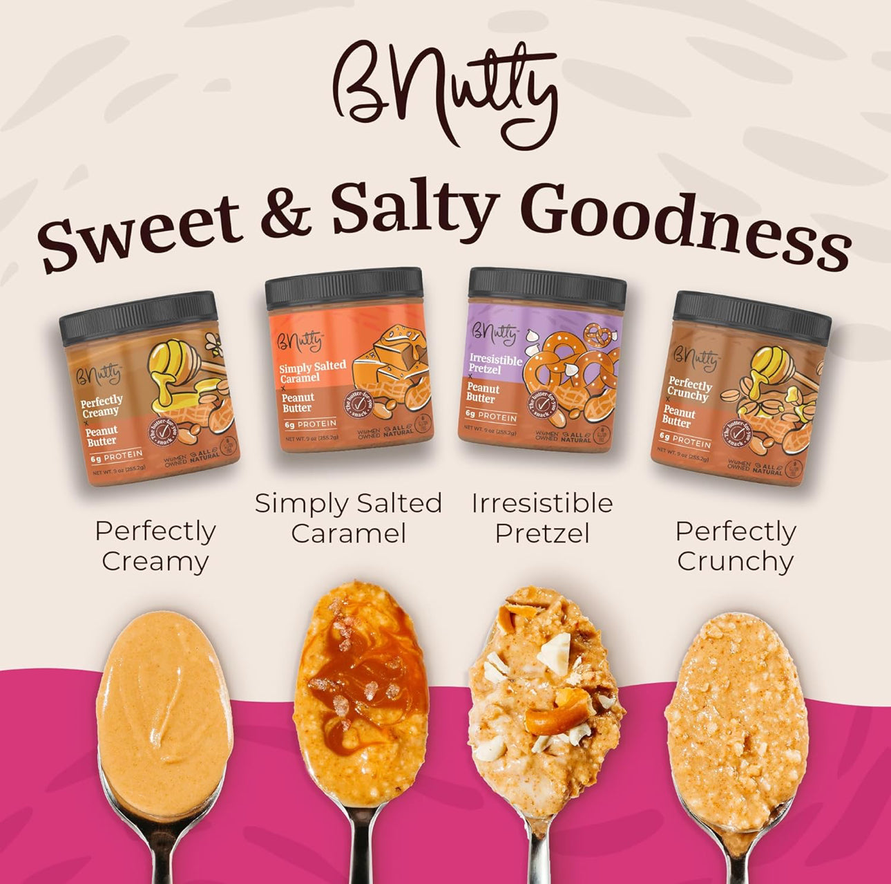 bNutty Sweet and Salty Peanut Butter - Assorted Flavors - Gluten Free, High Protein - Natural Peanut Butter - 4 Pack