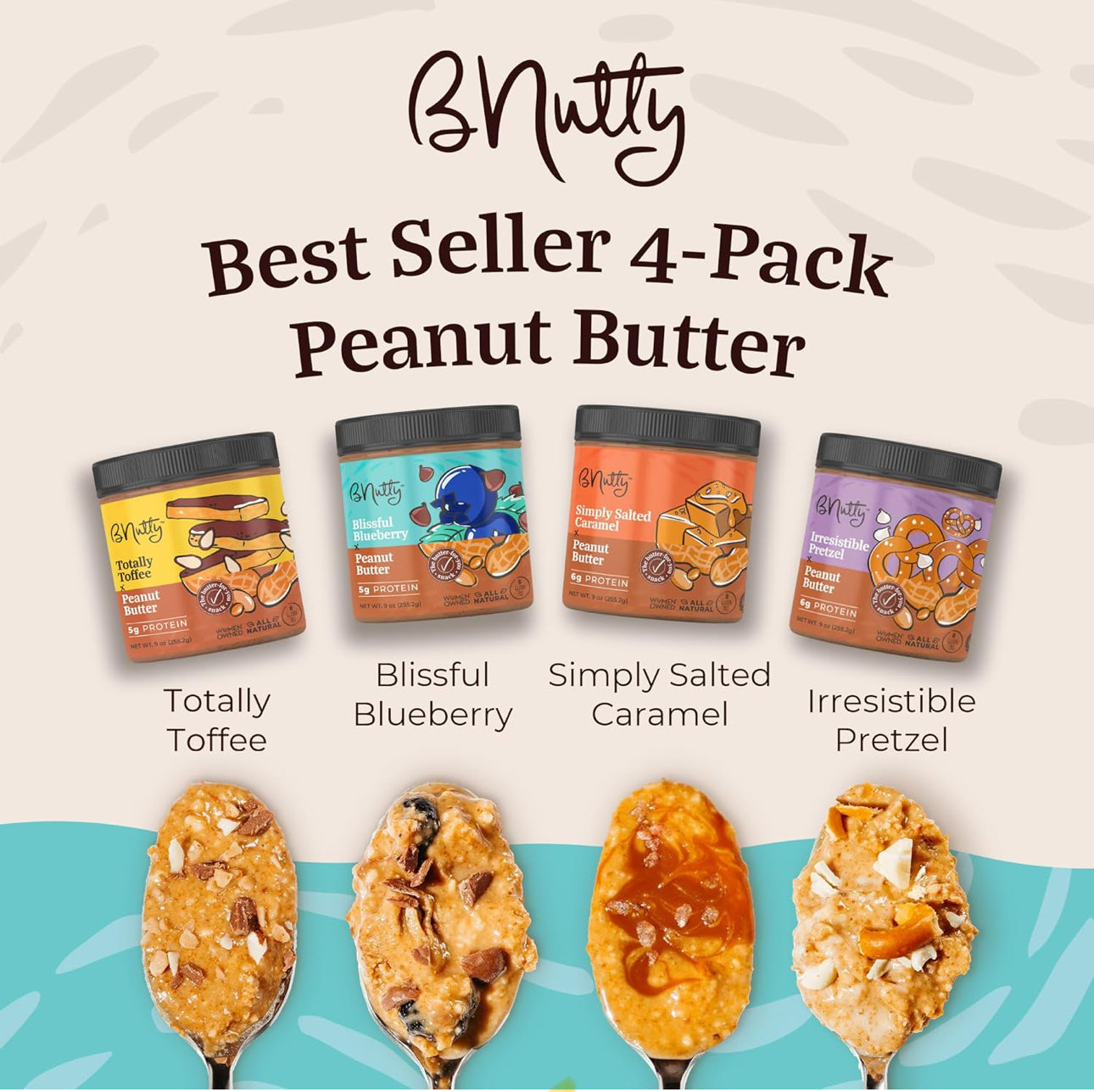 bNutty Best Sellers Peanut Butter - Assorted Flavors - Gluten Free, High Protein - Natural Peanut Butter - 4 Pack