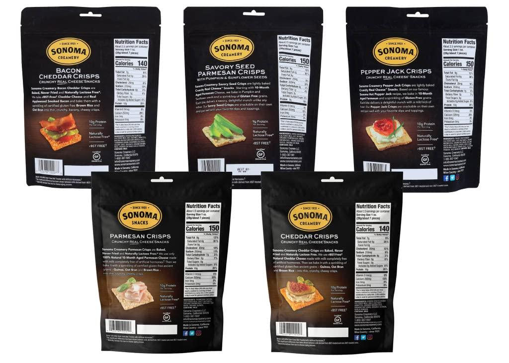 Sonoma Creamery Cheese Crisps Variety Pack - Savory Seed, Pepper Jack, Parmesan, Cheddar, Bacon Cheddar