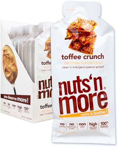 Nuts 'N More Toffee Crunch Snack Packs - High Protein Peanut Spread, Low Carb, Low Sugar, Gluten Free, Non-GMO, with Omega-3s and Antioxidants - 1.10 ox z Packets, Pack of 10