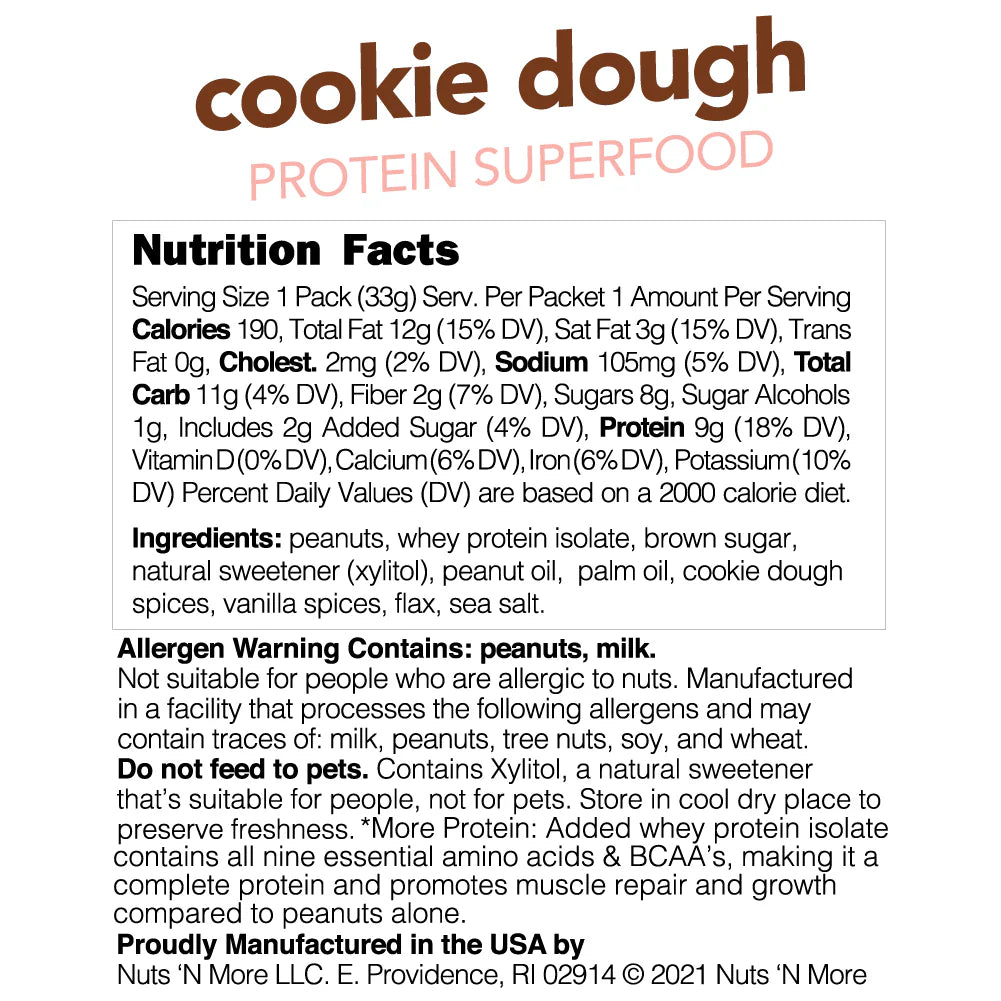 Nuts 'N More Cookie Dough Snack Packs - High Protein Peanut Spread, Low Carb, Low Sugar, Gluten Free, Non-GMO, with Omega-3s and Antioxidants - 1.10 oz Packets, Pack of 10