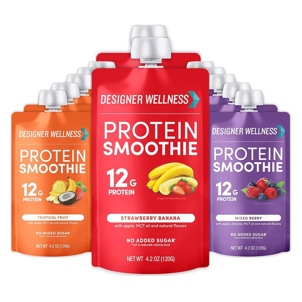 Designer Wellness Protein Smoothie, Real Fruit - 12g Protein, Low Carb, Zero Added Sugar, Gluten-Free, Non-GMO - 3 Flavor, Variety Pack of 12