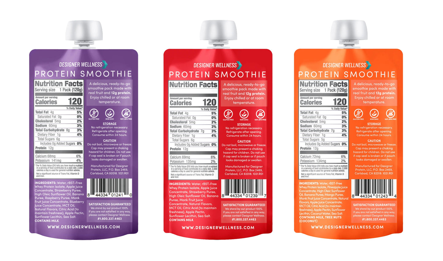 Designer Wellness Protein Smoothie, Real Fruit - 12g Protein, Low Carb, Zero Added Sugar, Gluten-Free, Non-GMO - 3 Flavor, Variety Pack of 12