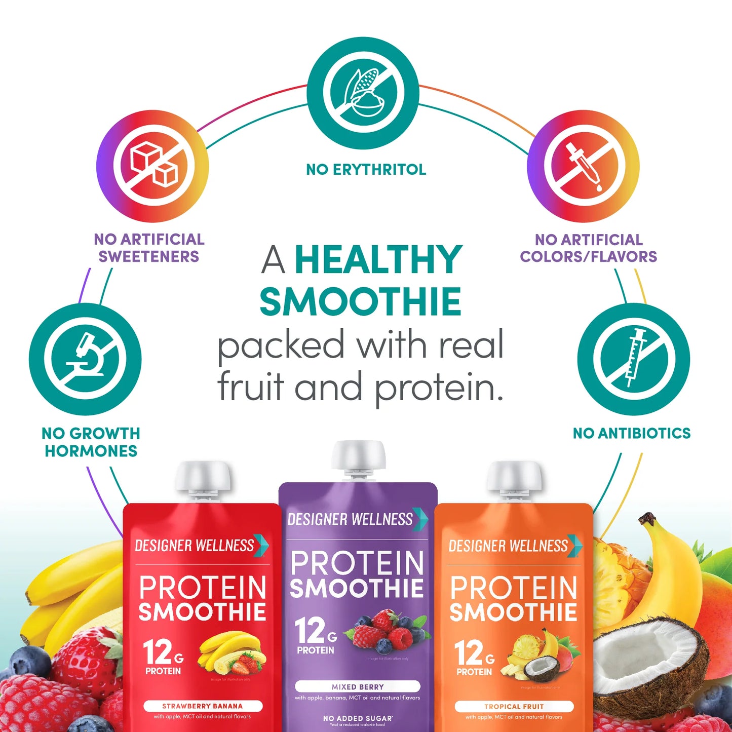 Designer Wellness Protein Smoothie, Real Fruit - 12g Protein, Low Carb, Zero Added Sugar, Gluten-Free, Non-GMO - 3 Flavor, Variety Pack of 12