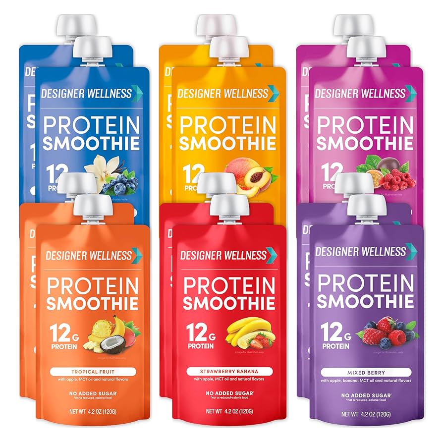 Designer Wellness Protein Smoothie, Real Fruit - 12g Protein, Low Carb, Zero Added Sugar, Gluten-Free, Non-GMO - 4 Flavor, Variety Pack of 12