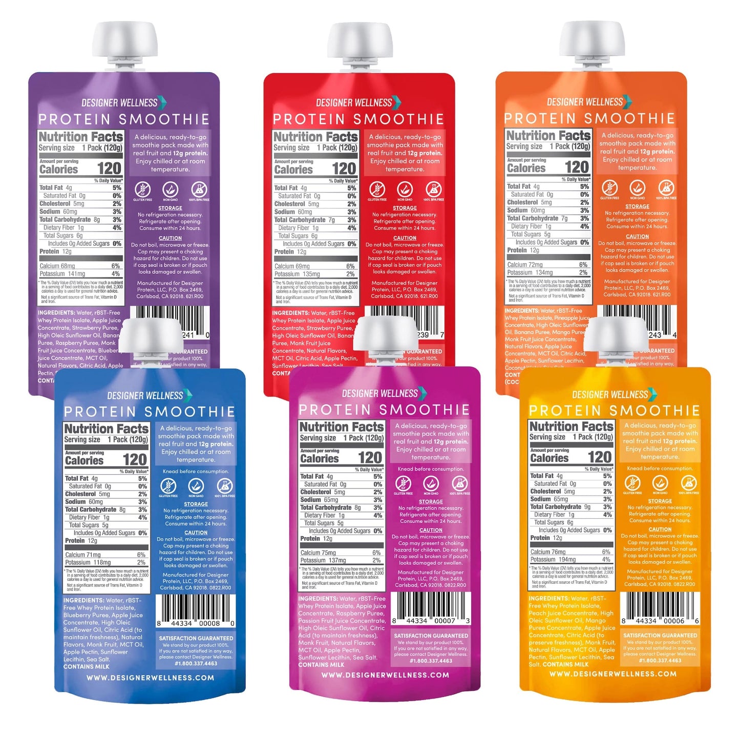 Designer Wellness Protein Smoothie, Real Fruit - 12g Protein, Low Carb, Zero Added Sugar, Gluten-Free, Non-GMO - 4 Flavor, Variety Pack of 12