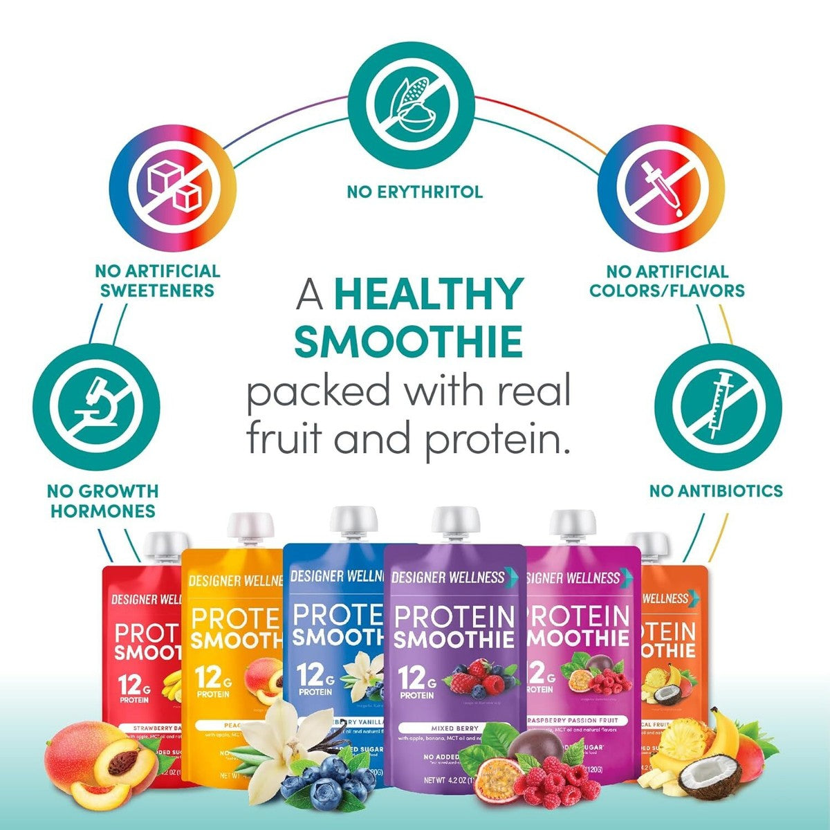 Designer Wellness Protein Smoothie, Real Fruit - 12g Protein, Low Carb, Zero Added Sugar, Gluten-Free, Non-GMO - 4 Flavor, Variety Pack of 12