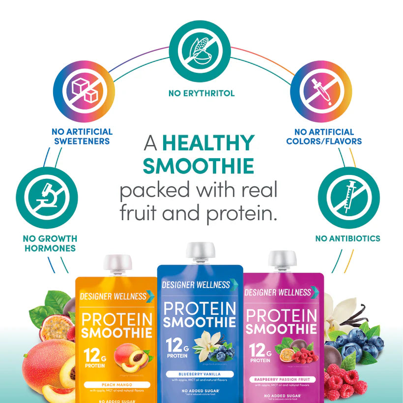 Designer Wellness Protein Smoothie, Real Fruit - 12g Protein, Low Carb, Zero Added Sugar, Gluten-Free, Non-GMO - 3 Super Fruits, Variety Pack of 12