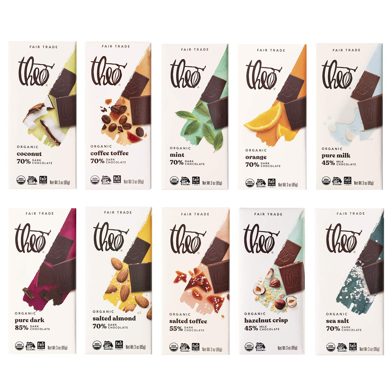 Theo Chocolate Organic Milk + Dark Chocolate Bars Classic Sampler Variety, Gluten Free, Non-Gmo - Pack of 10
