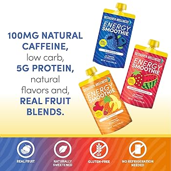 Designer Wellness Energy Smoothie, Real Fruit, 100mg Natural Caffeine, 5g Protein, Low Carb, Zero Added Sugar, Gluten-Free - 3 Flavor, Pack of 12