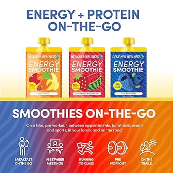 Designer Wellness Energy Smoothie, Real Fruit, 100mg Natural Caffeine, 5g Protein, Low Carb, Zero Added Sugar, Gluten-Free - 3 Flavor, Pack of 12