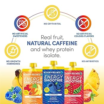 Designer Wellness Energy Smoothie, Real Fruit, 100mg Natural Caffeine, 5g Protein, Low Carb, Zero Added Sugar, Gluten-Free - 3 Flavor, Pack of 12