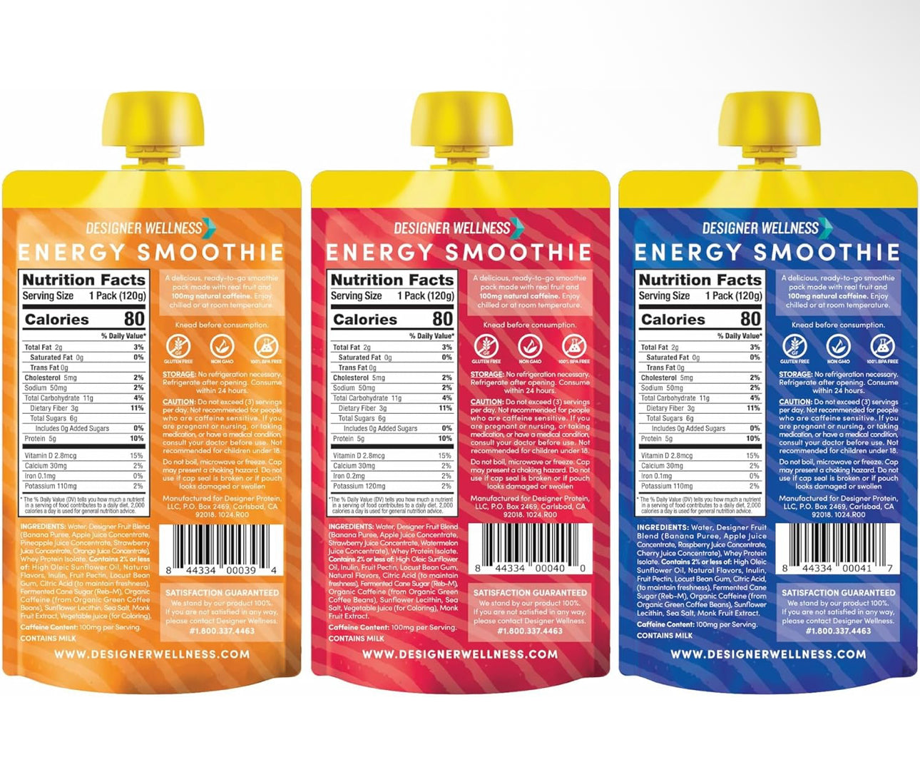 Designer Wellness Energy Smoothie, Real Fruit, 100mg Natural Caffeine, 5g Protein, Low Carb, Zero Added Sugar, Gluten-Free - 3 Flavor, Pack of 12