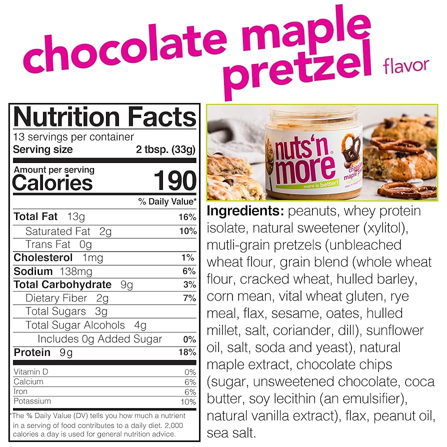 Nuts ‘N More Chocolate Maple Pretzel Peanut Butter Spread, Added Protein All Natural Snack, Low Carb, Low Sugar, Non-GMO, High Protein Flavored Nut Butter, 15 oz Jar - Pack of 2