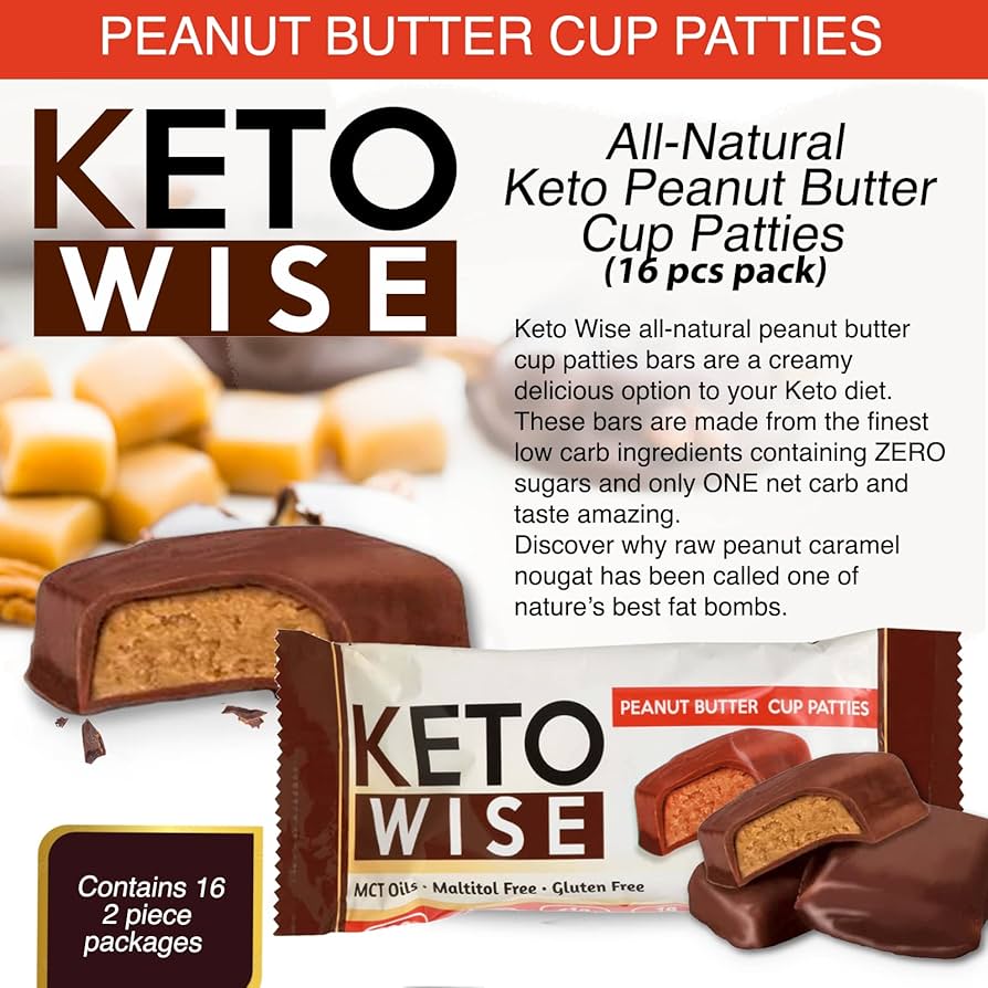 Keto Wise Fat Bombs - Peanut Butter Cup Patties, Made with Chocolate containing MCT Oil - Low Fat, Low Carb and Keto Friendly Snack - 10g Fat, 1g Net Carbs - 16 Count