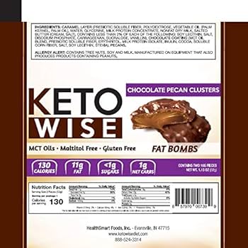 Keto Wise Fat Bombs - Chocolate Pecan Clusters, Made with Chocolate containing MCT Oil - Low Fat, Low Carb and Keto Friendly Snack - 10g Fat, 1g Net Carbs - 16 Count