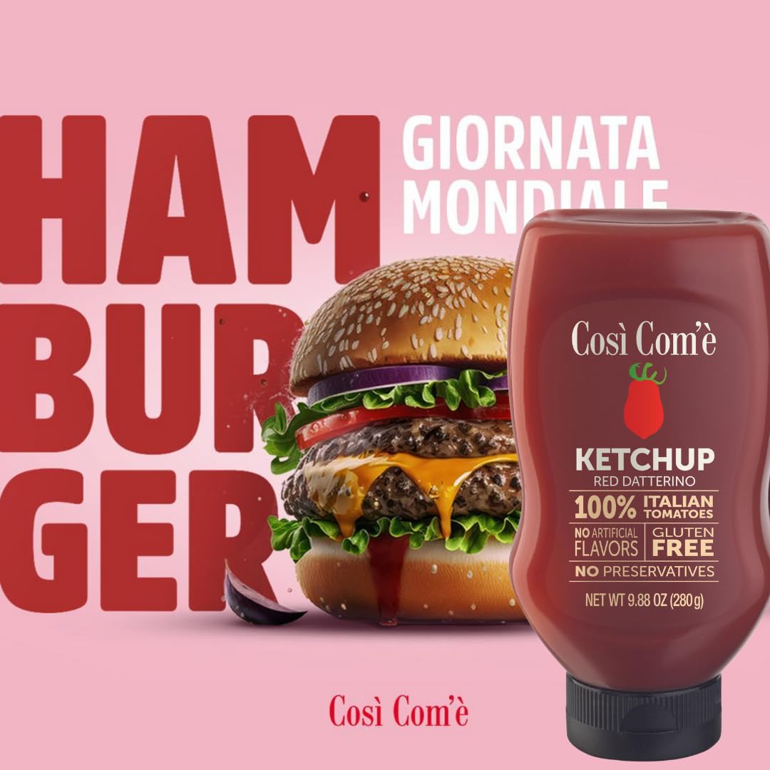 Così Com'è Italian Tomatoes Ketchup, made with 100% Italian Tomatoes, 9.88 oz, No preservatives, Red Ketchup, No Artificial Flavors, Non-GMO - Pack of 3