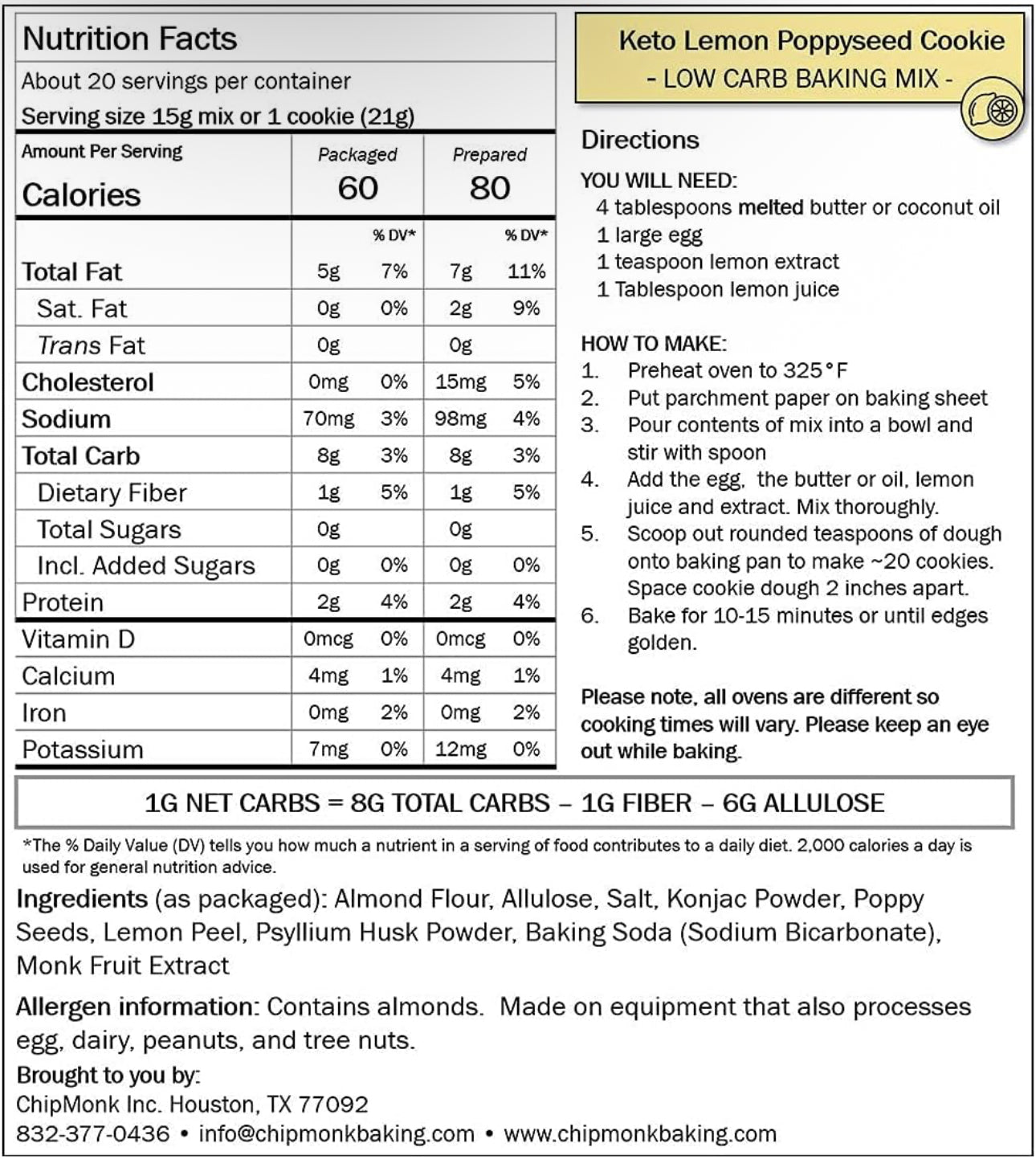 ChipMonk Lemon Poppyseed Cookie Mix - Zero or Low Carb Keto Friendly Snacks, Dessert, Cookies, Gluten-Free, High Fat and Protein, Low Sugar Sweet Snack - Pack of 2