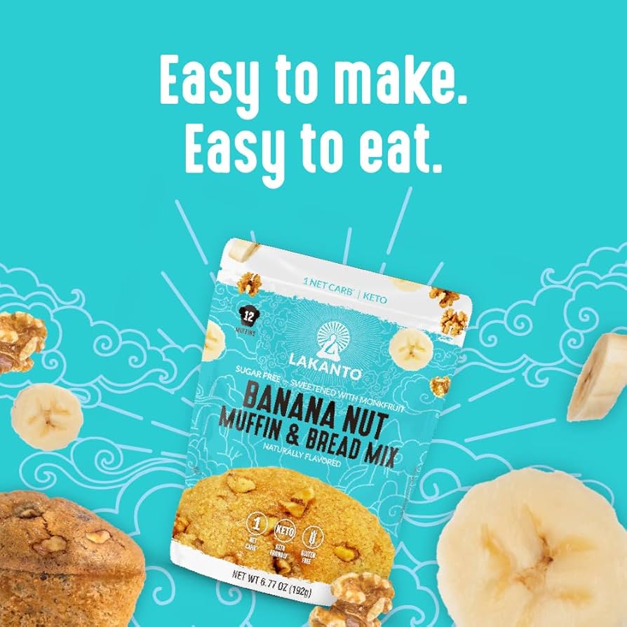 Lakanto Sugar Free Banana Nut Muffin and Bread Mix - Sweetened with Monk Fruit Sweetener, 2g Net Carbs, Gluten Free, Naturally Flavored, Keto Diet Friendly, Dairy Free, Makes 12 Muffins - Pack of 2