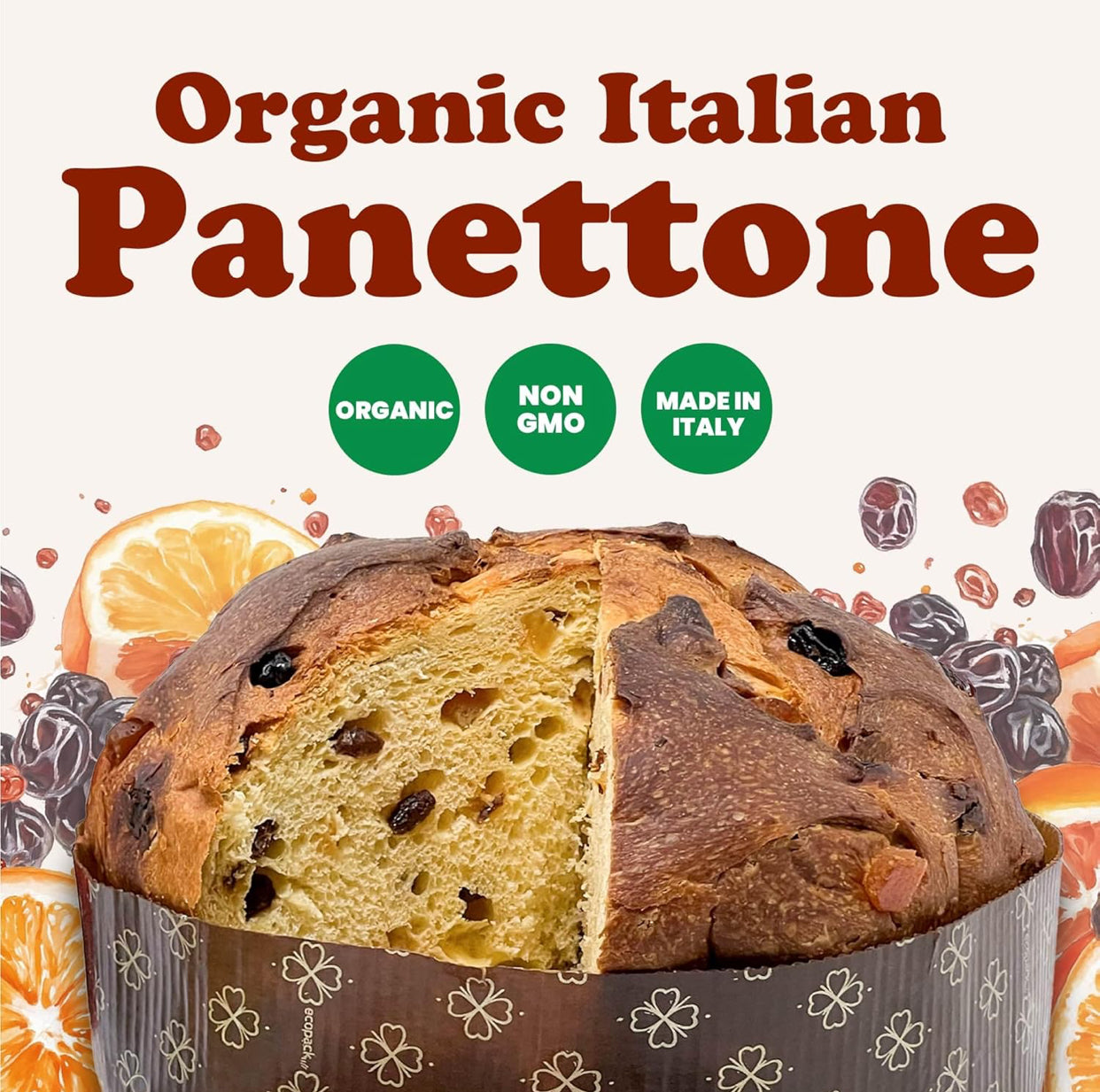 Organic Italian Panettone, Authentic Artisan-Made, Traditional Cake with Raisins and Candied Orange Peel - 1.65 lb