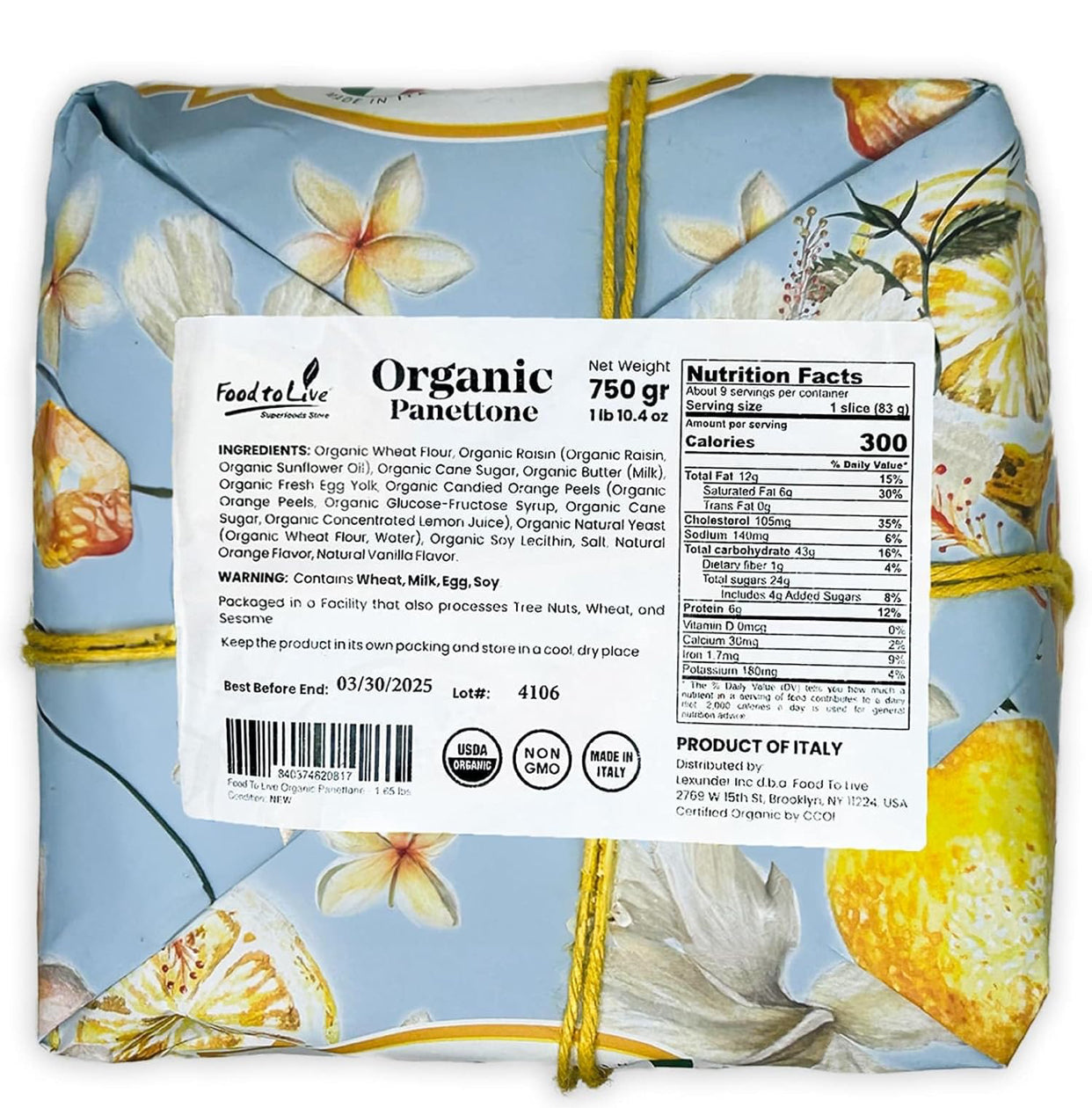 Organic Italian Panettone, Authentic Artisan-Made, Traditional Cake with Raisins and Candied Orange Peel - 1.65 lb