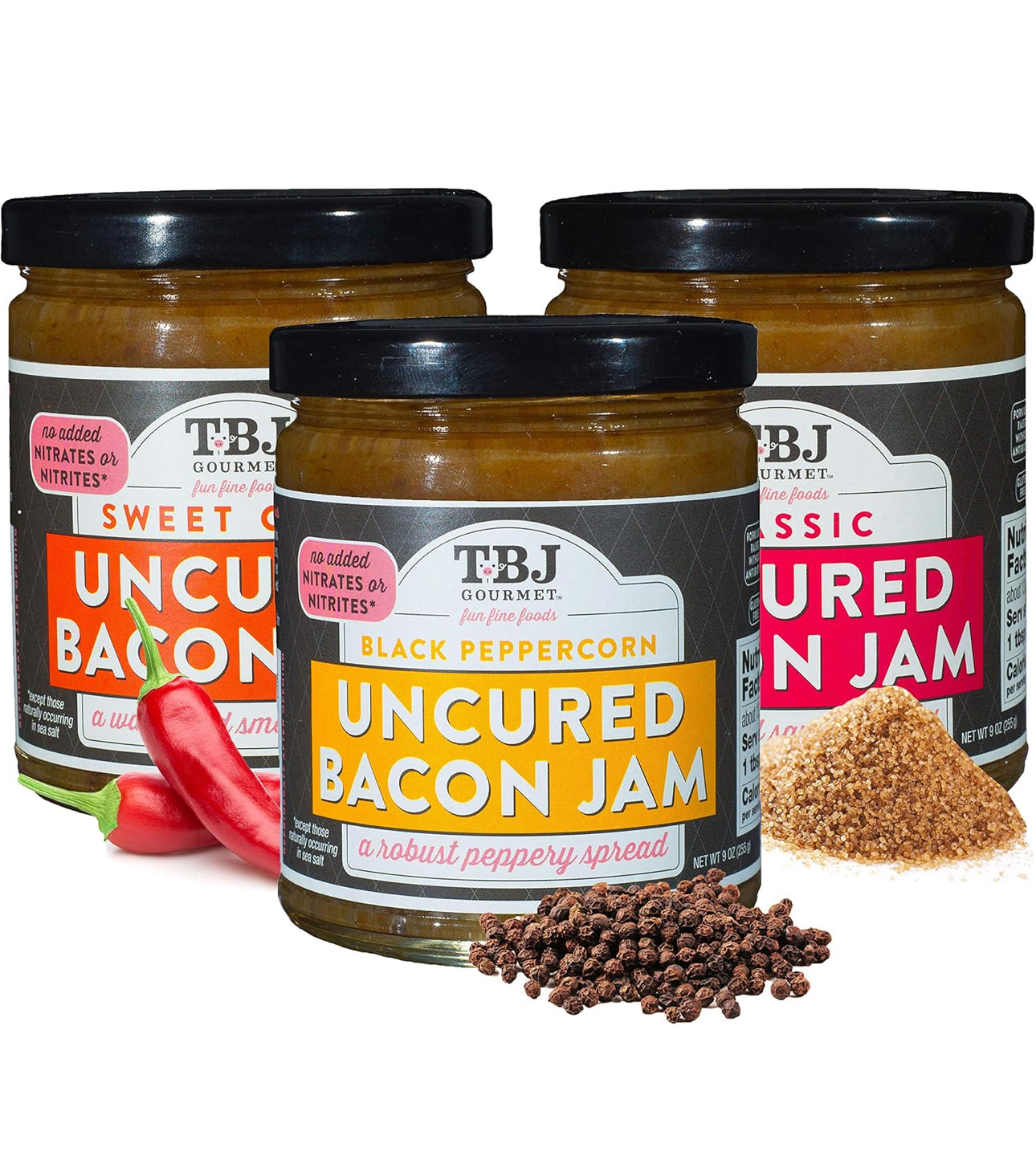TBJ Gourmet Bacon Jam Variety Pack - Classic Bacon Jam, Sweet Chili Bacon Jam, Black Peppercorn Bacon Jam - Original Recipe Bacon Spread - Uses Real Bacon - No Preservatives, 9 oz - Pack of 3