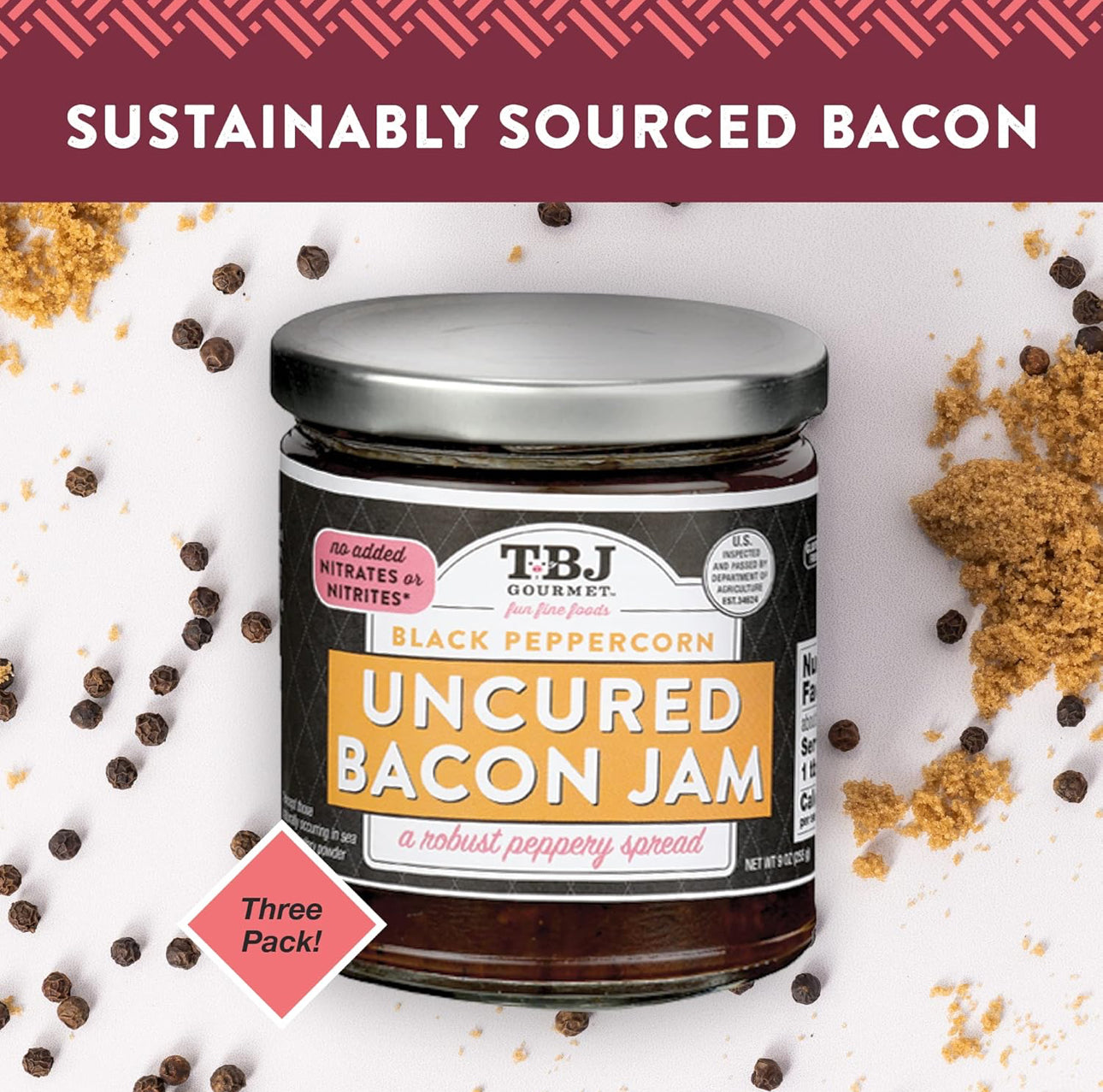 TBJ Gourmet Honey Habanero Bacon Jam - Original Recipe Bacon Spread, Uses Real Bacon, No Preservatives, 9 oz - Pack of 3