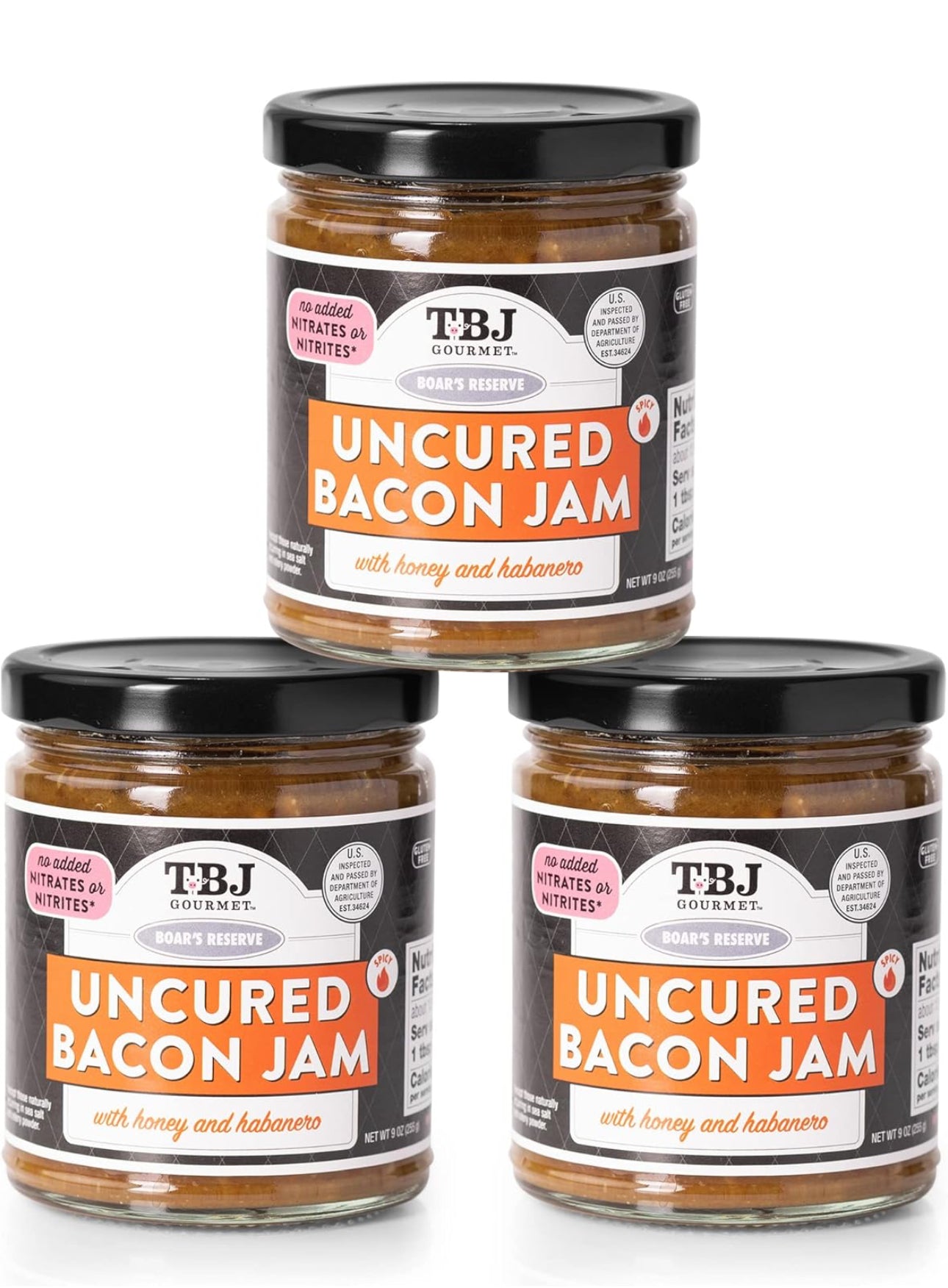 TBJ Gourmet Honey Habanero Bacon Jam - Original Recipe Bacon Spread, Uses Real Bacon, No Preservatives, 9 oz - Pack of 3