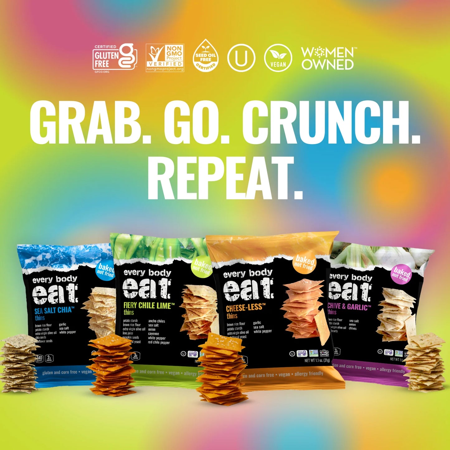 Every Body Eat Snacks Variety Pack - School Safe & Allergen Free Snack Thins – No Seed Oils, Gluten or Dairy, Vegan, 4 oz – Pack of 20