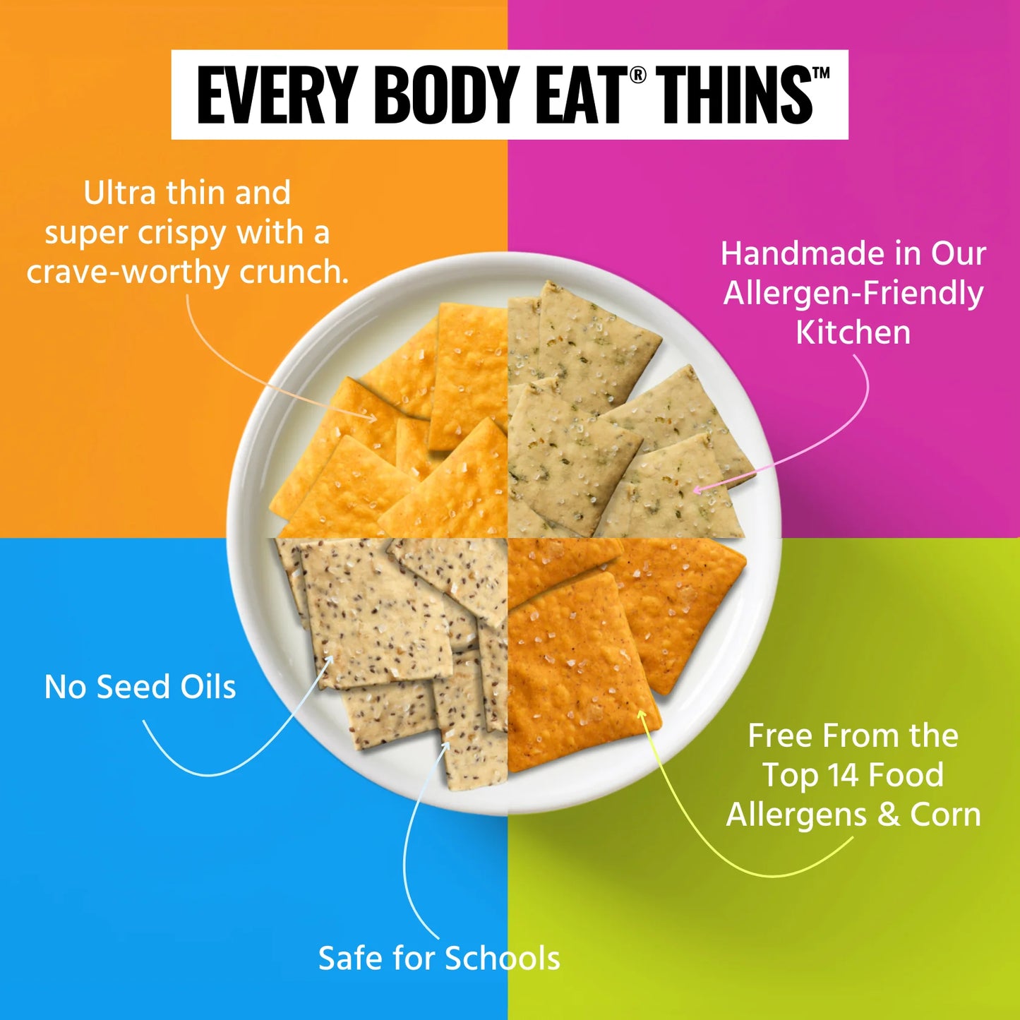 Every Body Eat Snacks Variety Pack - School Safe & Allergen Free Snack Thins – No Seed Oils, Gluten or Dairy, Vegan, 4 oz – Pack of 20