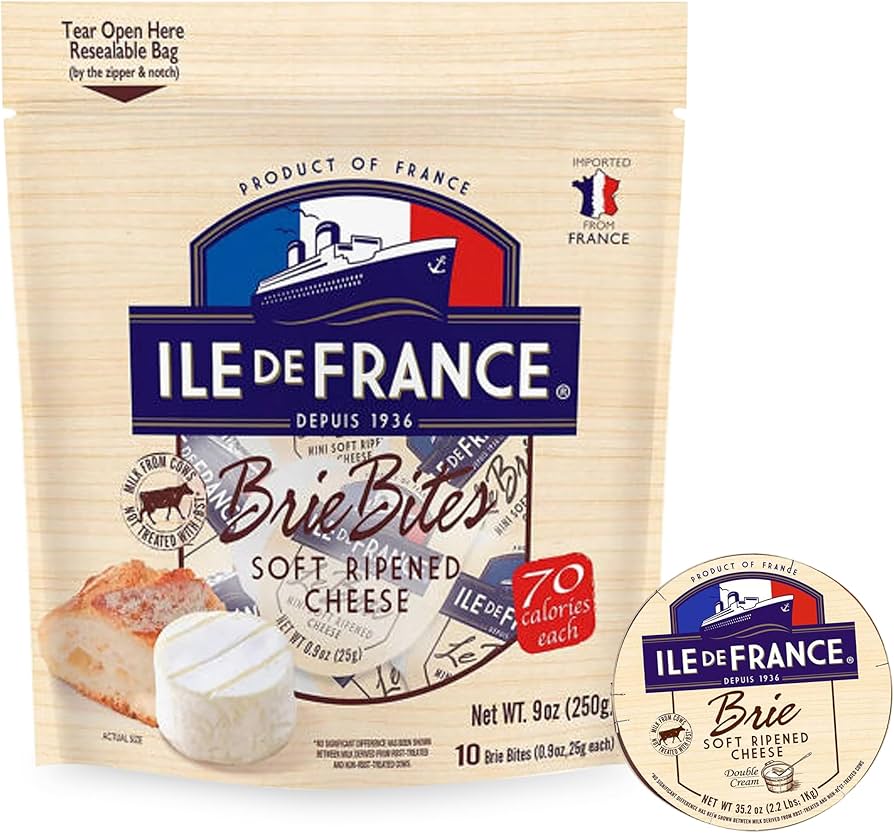 Ile de France Brie Cheese - 60 Soft Ripened French Cheeses - 0.9 oz Mini Brie Individual Cheese Bites