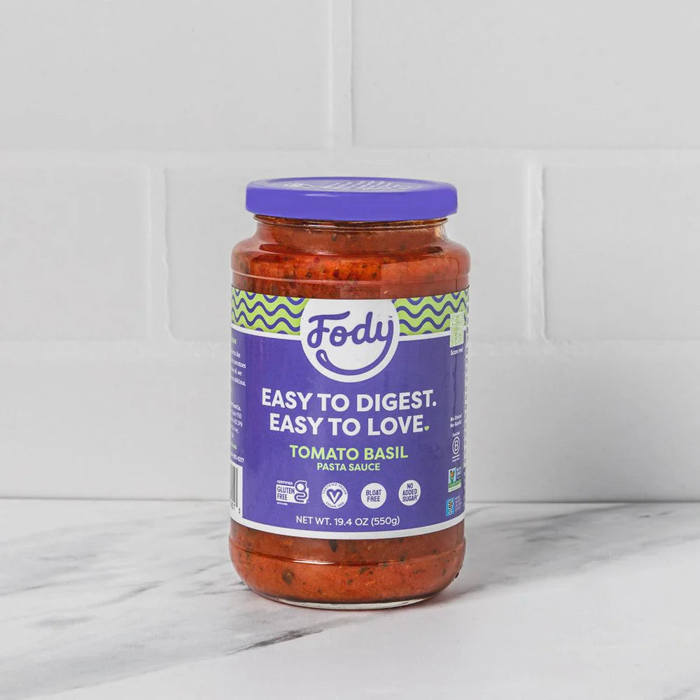 Fody Foods Tomato Basil Pasta Sauce, 19.4 Oz, Garlic and Onion Free, Low FODMAP Certified, Gut & IBS Friendly, Vegan, Non-GMO, Gluten Free, Kosher - Pack of 2