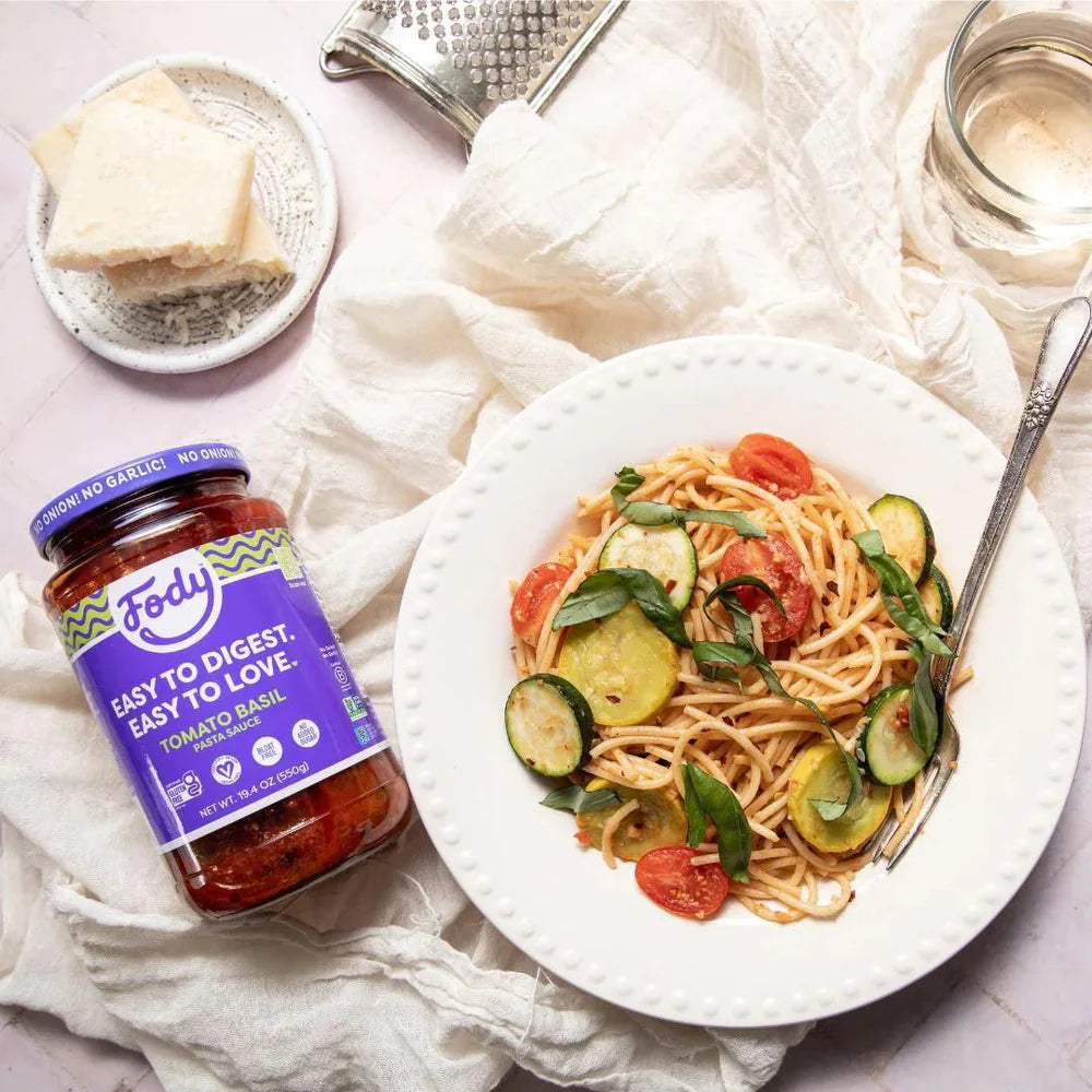 Fody Foods Tomato Basil Pasta Sauce, 19.4 Oz, Garlic and Onion Free, Low FODMAP Certified, Gut & IBS Friendly, Vegan, Non-GMO, Gluten Free, Kosher - Pack of 2