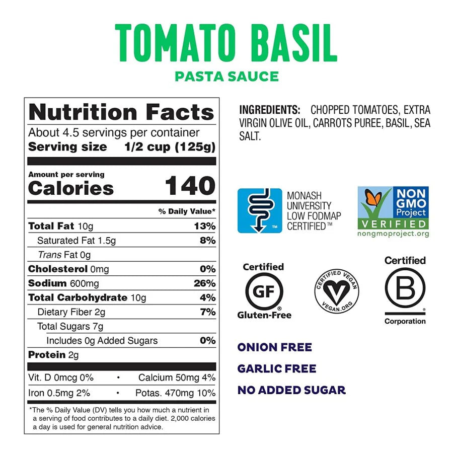 Fody Foods Tomato Basil Pasta Sauce, 19.4 Oz, Garlic and Onion Free, Low FODMAP Certified, Gut & IBS Friendly, Vegan, Non-GMO, Gluten Free, Kosher - Pack of 2