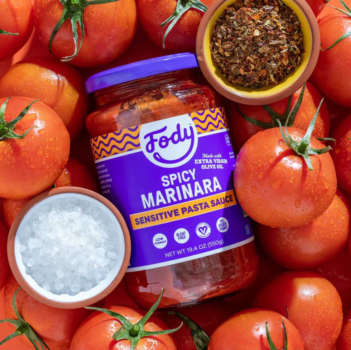 Fody Foods Spicy Marinara Pasta Sauce, 19.4 Oz, Garlic and Onion Free, Low FODMAP Certified, Gut & IBS Friendly, Vegan, Non-GMO, Gluten Free, Kosher - Pack of 2