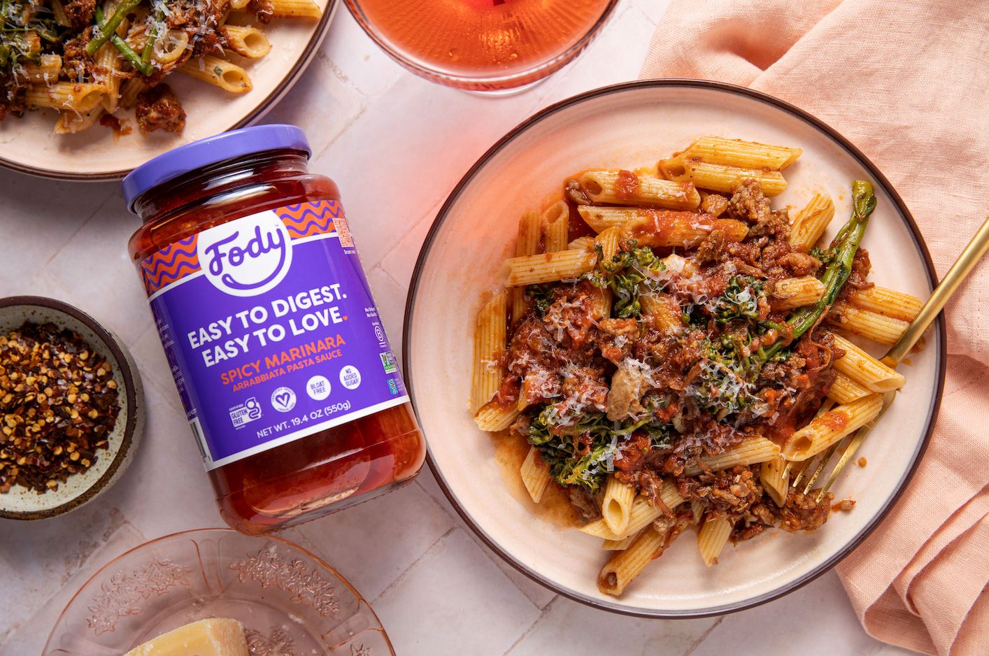Fody Foods Spicy Marinara Pasta Sauce, 19.4 Oz, Garlic and Onion Free, Low FODMAP Certified, Gut & IBS Friendly, Vegan, Non-GMO, Gluten Free, Kosher - Pack of 2