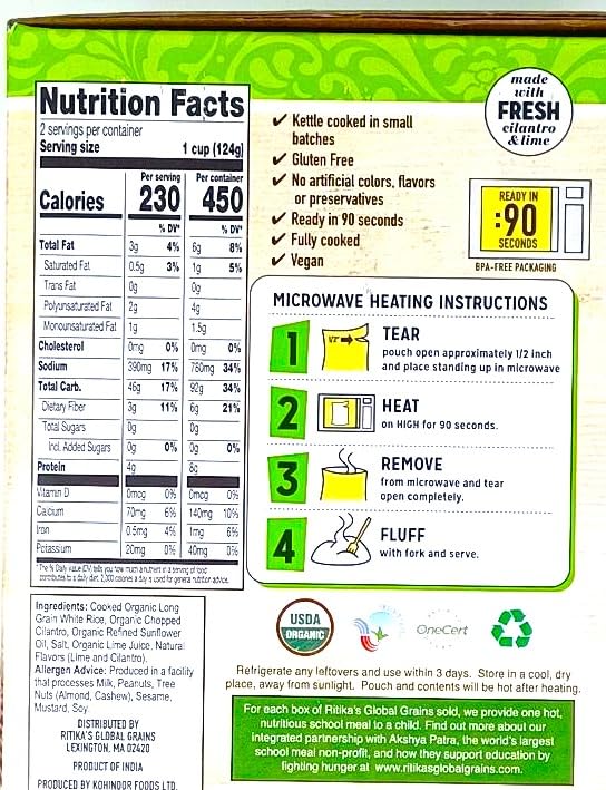 Ritika’s Global Grains Organic Cilantro Lime Rice - Gluten Free - Pack of 6