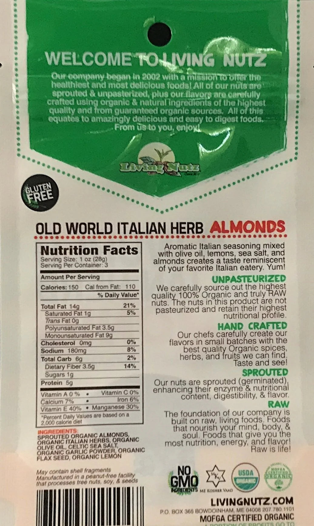LivingNutz Old World Italian Herb Almonds, Certified Organic Raw Nuts - Pack of 2