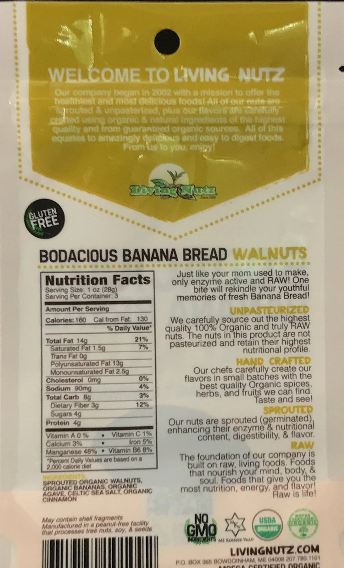 LivingNutz Bodacious Banana Bread Walnuts, Certified Organic Raw Nuts - Pack of 2