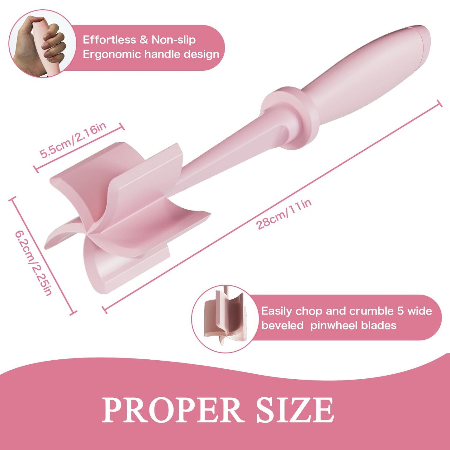 Meat Chopper Masher, 5 Curve Blades - Pink